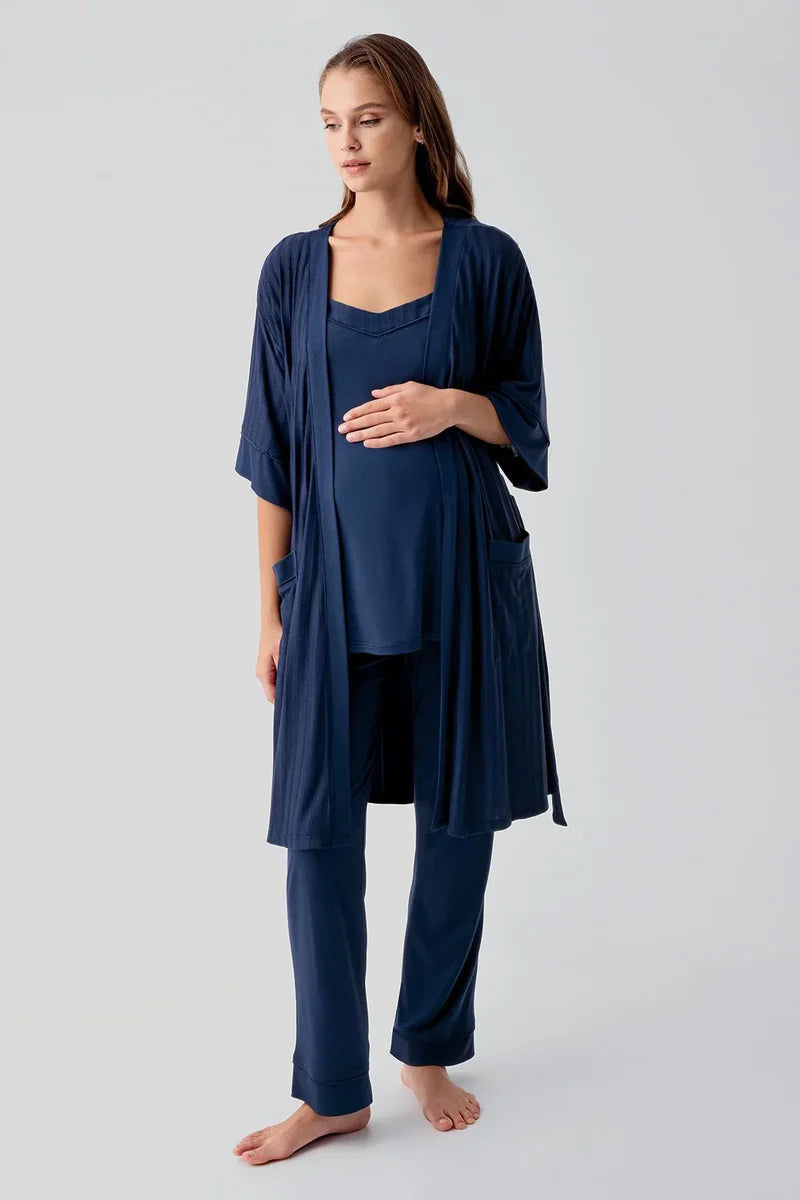 Strappy Stretch Soft 3-Piece Maternity-Nursing Pajama & Robe Set Navy Blue - 19307