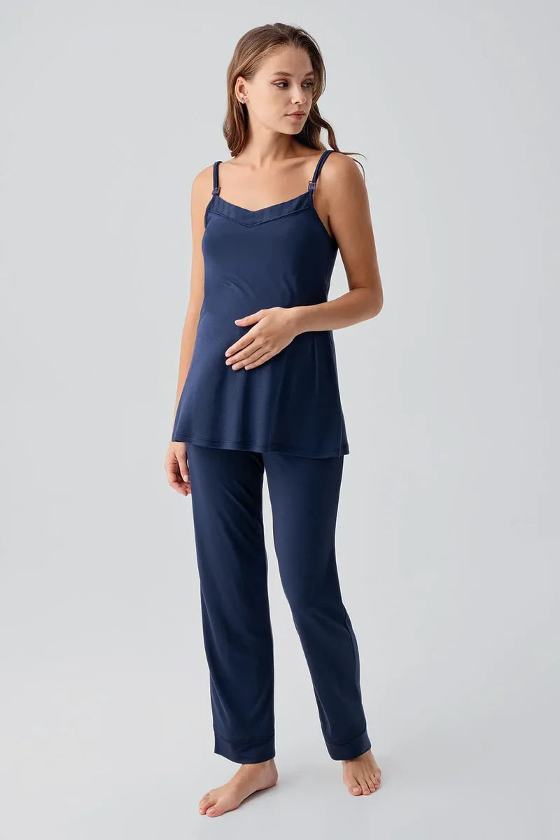 Strappy Stretch Soft 3-Piece Maternity-Nursing Pajama & Robe Set Navy Blue - 19307
