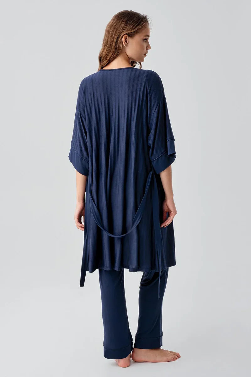 Strappy Stretch Soft 3-Piece Maternity-Nursing Pajama & Robe Set Navy Blue - 19307