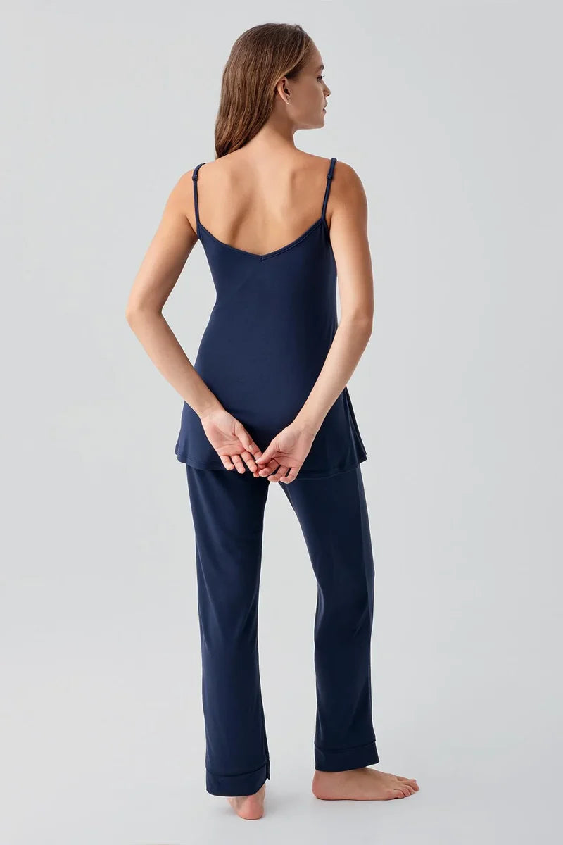 Strappy Stretch Soft 3-Piece Maternity-Nursing Pajama & Robe Set Navy Blue - 19307