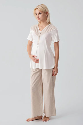 Striped Woven Cotton 3-Piece Maternity-Nursing Pajama & Robe Set Beige - 19308