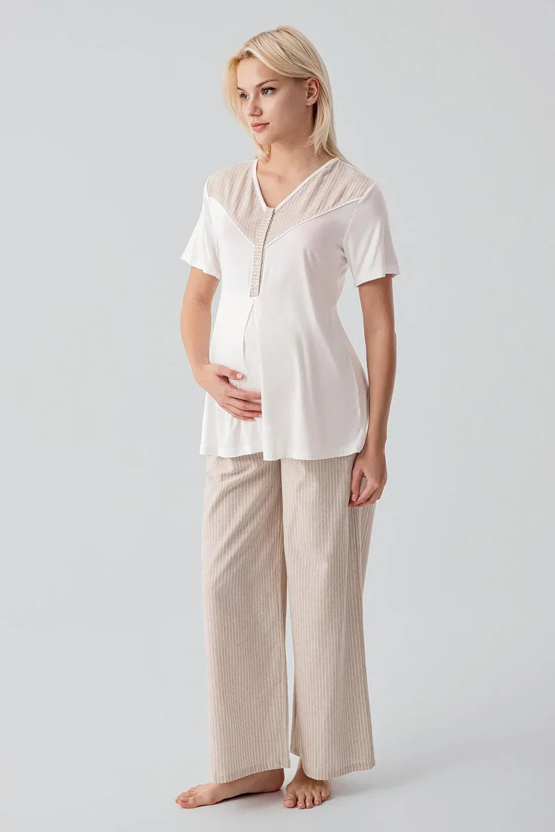 Striped Woven Cotton 3-Piece Maternity-Nursing Pajama & Robe Set Beige - 19308