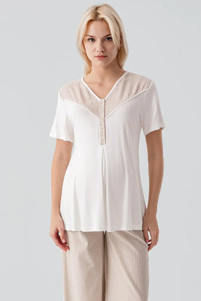 Striped Woven Cotton 3-Piece Maternity-Nursing Pajama & Robe Set Beige - 19308