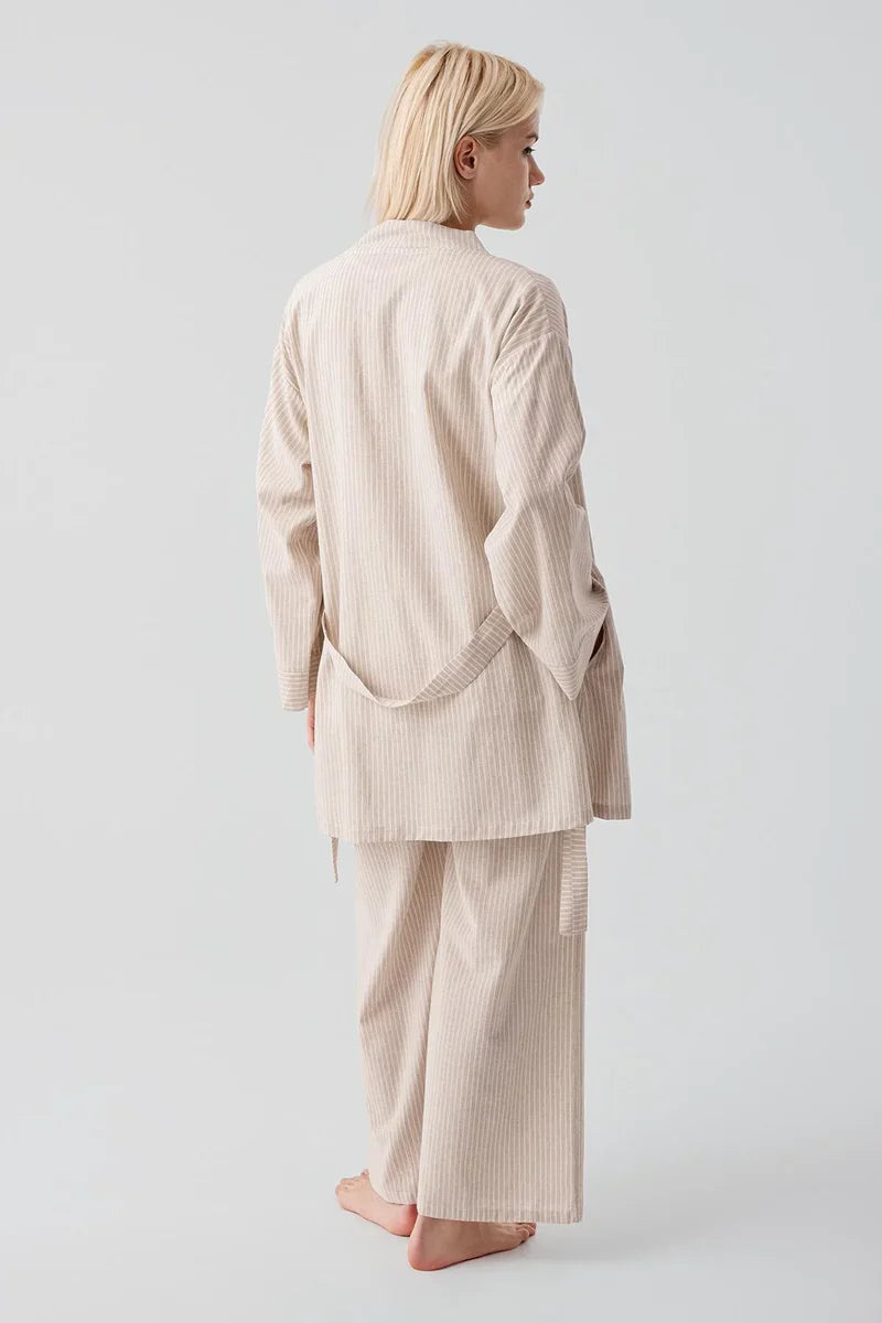 Striped Woven Cotton 4-Piece Maternity-Nursing Set Beige - 308108