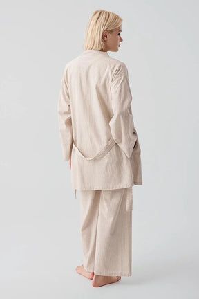 Striped Woven Cotton 3-Piece Maternity-Nursing Pajama & Robe Set Beige - 19308