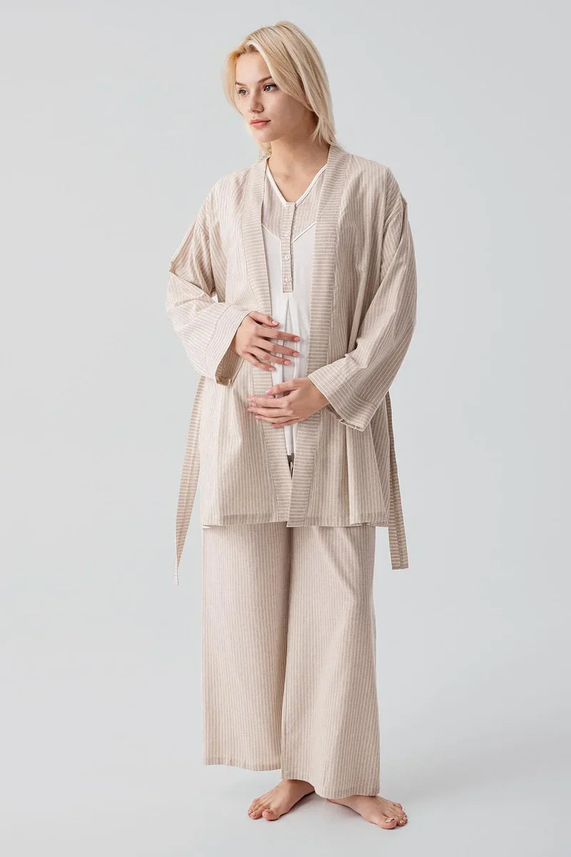 Striped Woven Cotton 3-Piece Maternity-Nursing Pajama & Robe Set Beige - 19308