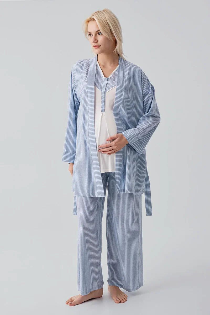Striped Woven Cotton 4-Piece Maternity-Nursing Set Blue - 308108