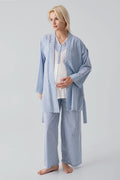 Striped Woven Cotton 3-Piece Maternity-Nursing Pajama & Robe Set Blue - 19308