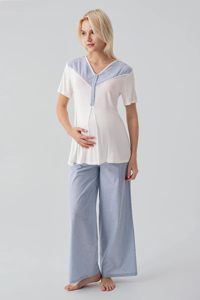 Striped Woven Cotton 4-Piece Maternity-Nursing Set Blue - 308108