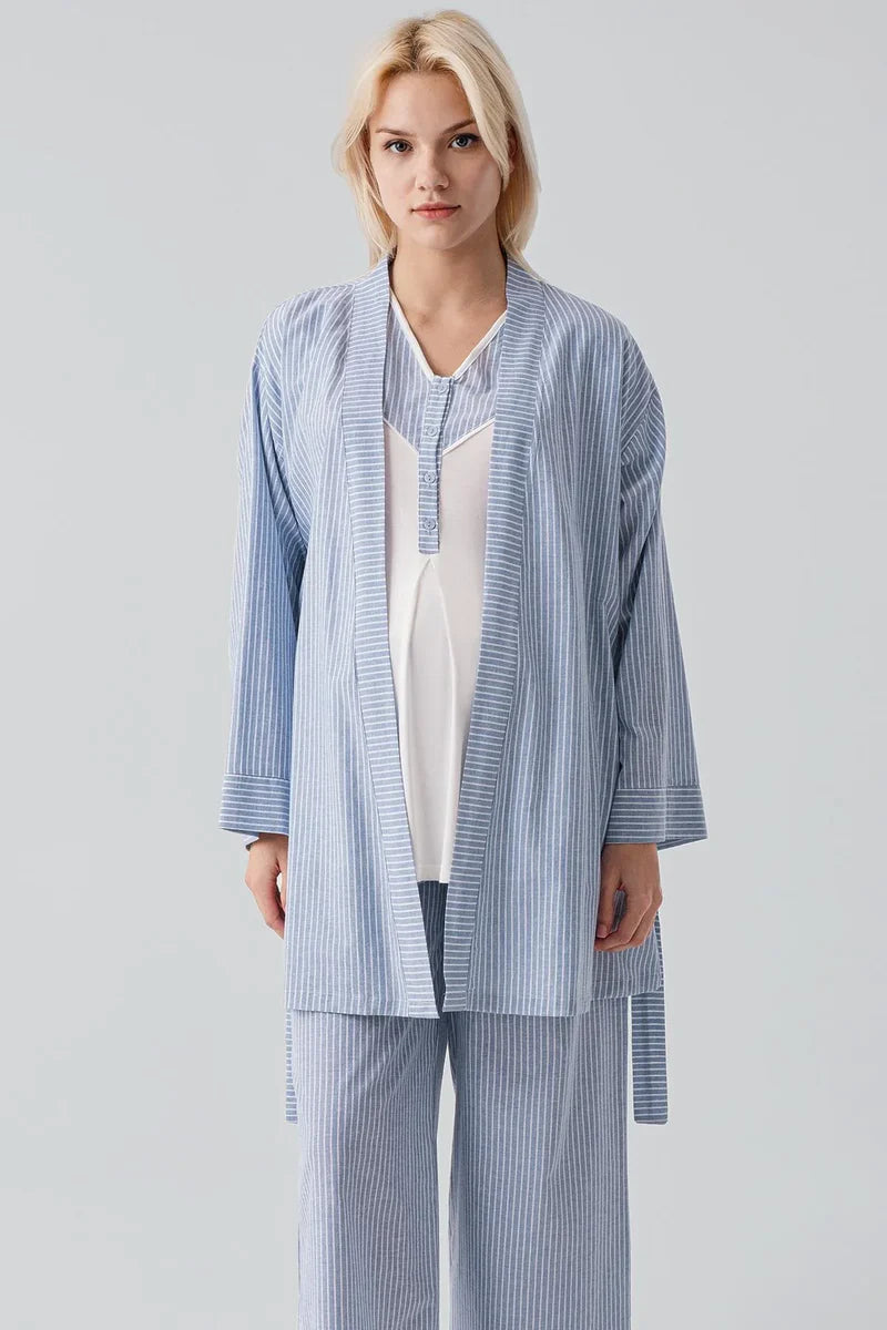 Striped Woven Cotton 3-Piece Maternity-Nursing Pajama & Robe Set Blue - 19308