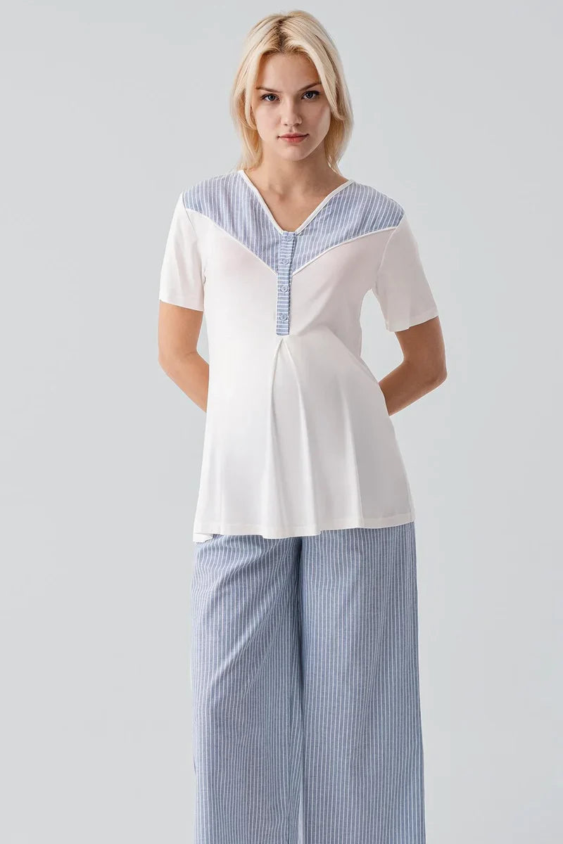 Striped Woven Cotton 3-Piece Maternity-Nursing Pajama & Robe Set Blue - 19308