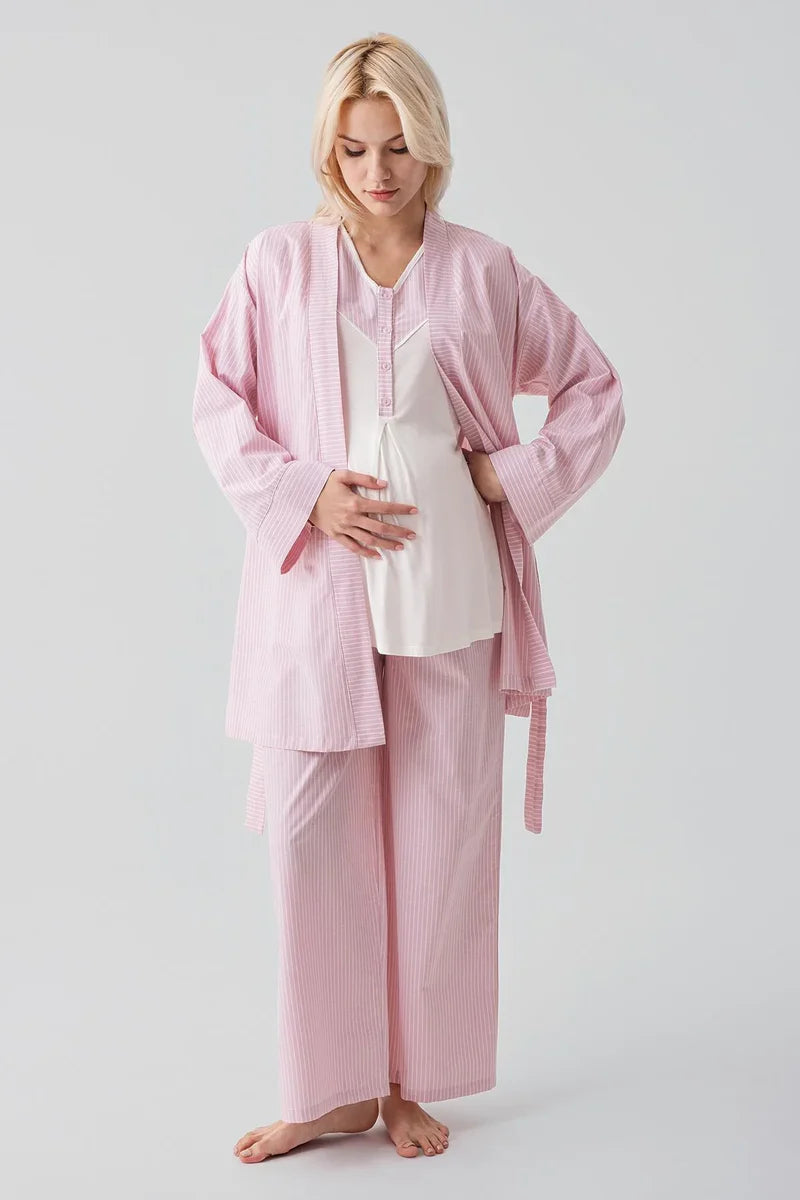Striped Woven Cotton 4-Piece Maternity-Nursing Set Pink - 308108