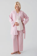 Striped Woven Cotton 3-Piece Maternity-Nursing Pajama & Robe Set Pink - 19308