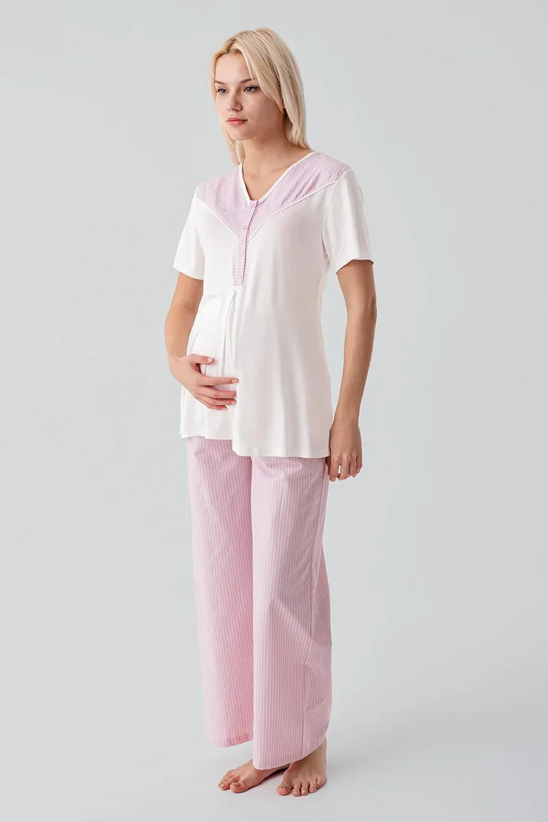 Striped Woven Cotton 4-Piece Maternity-Nursing Set Pink - 308108