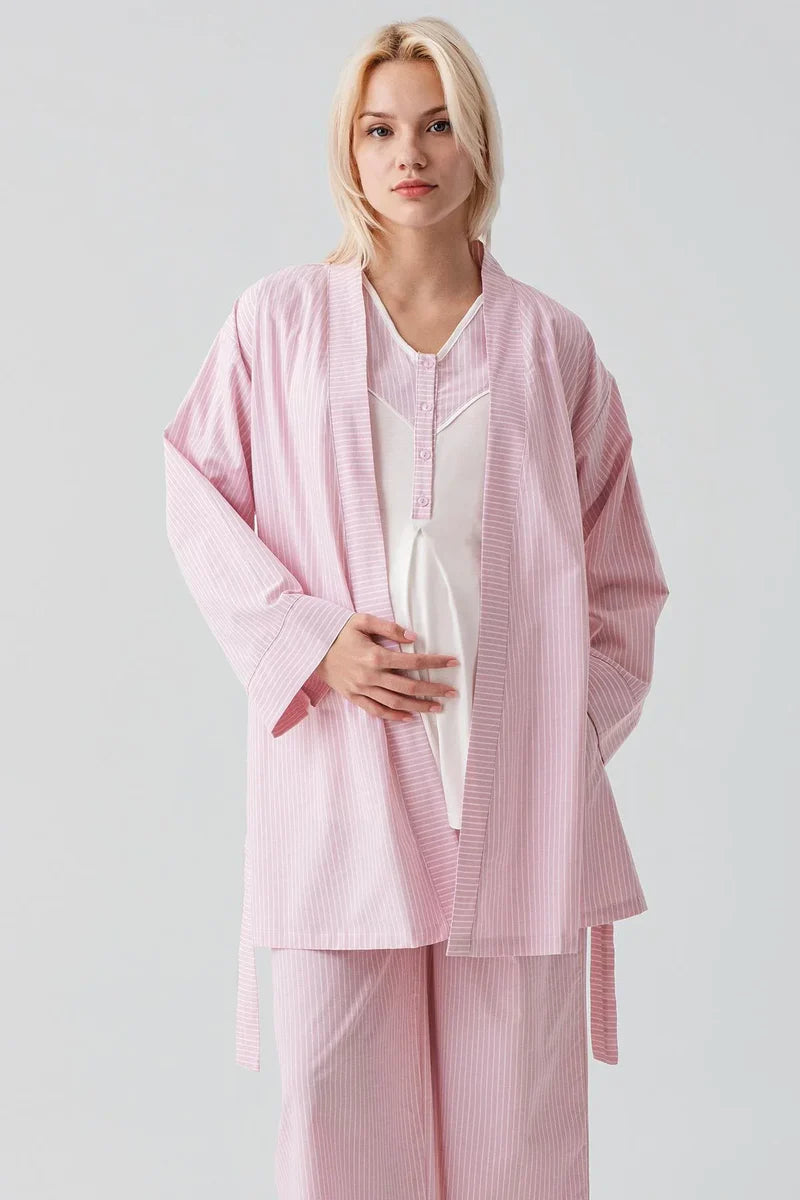 Striped Woven Cotton 3-Piece Maternity-Nursing Pajama & Robe Set Pink - 19308
