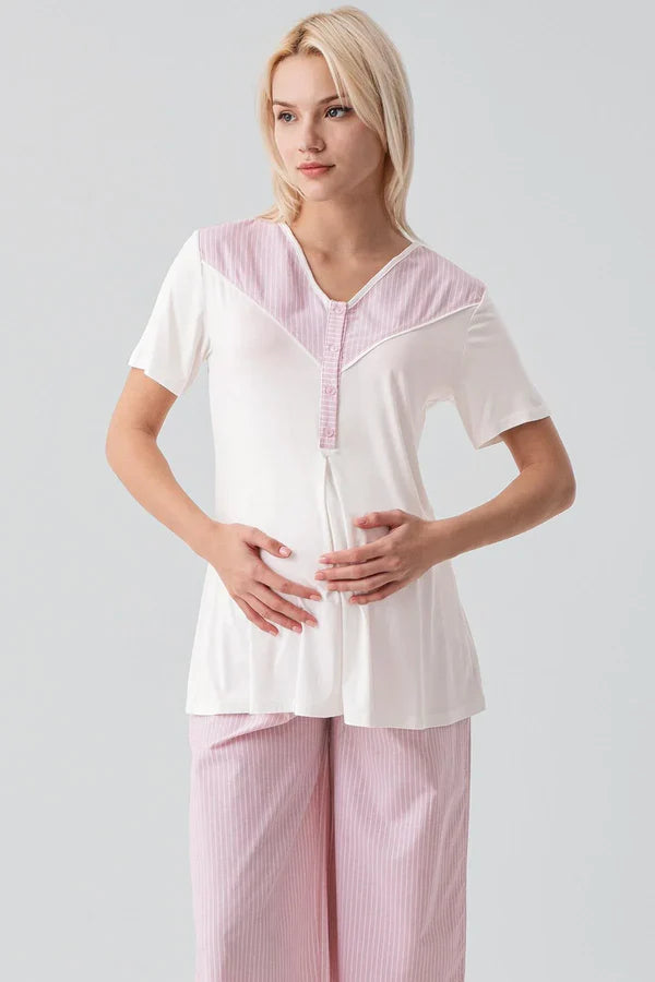 Striped Woven Cotton 3-Piece Maternity-Nursing Pajama & Robe Set Pink - 19308