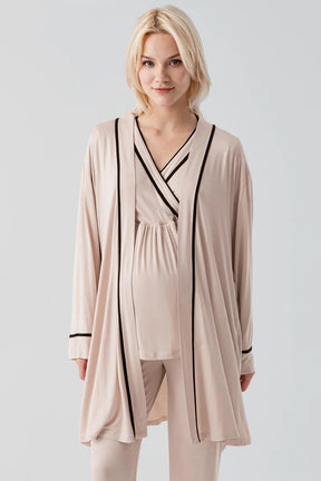 Piped Wrap 3-Piece Maternity-Nursing Pajama & Robe Set Beige - 19317