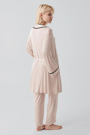 Piped Wrap 3-Piece Maternity-Nursing Pajama & Robe Set Beige - 19317