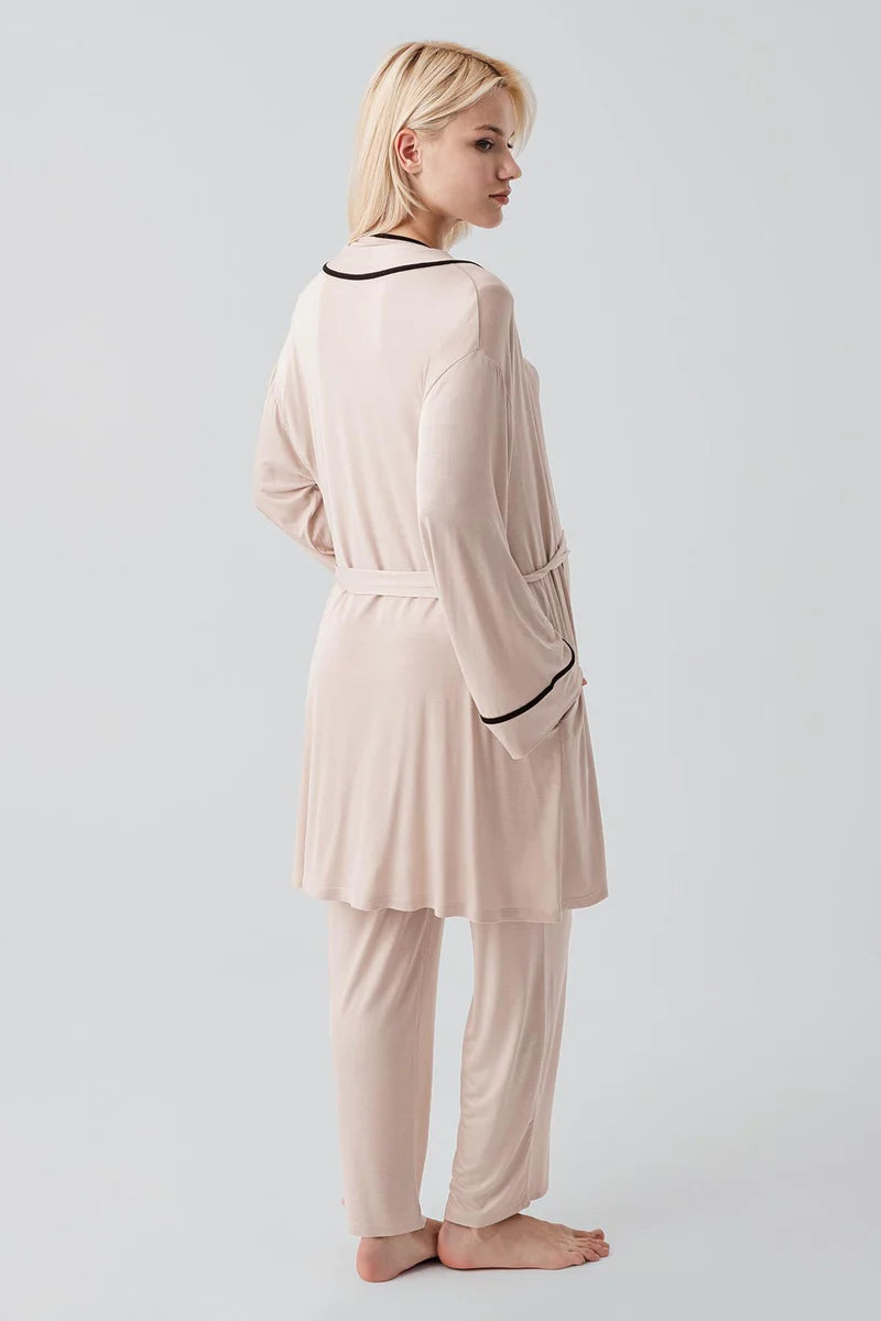 Piped Wrap 3-Piece Maternity-Nursing Pajama & Robe Set Beige - 19317