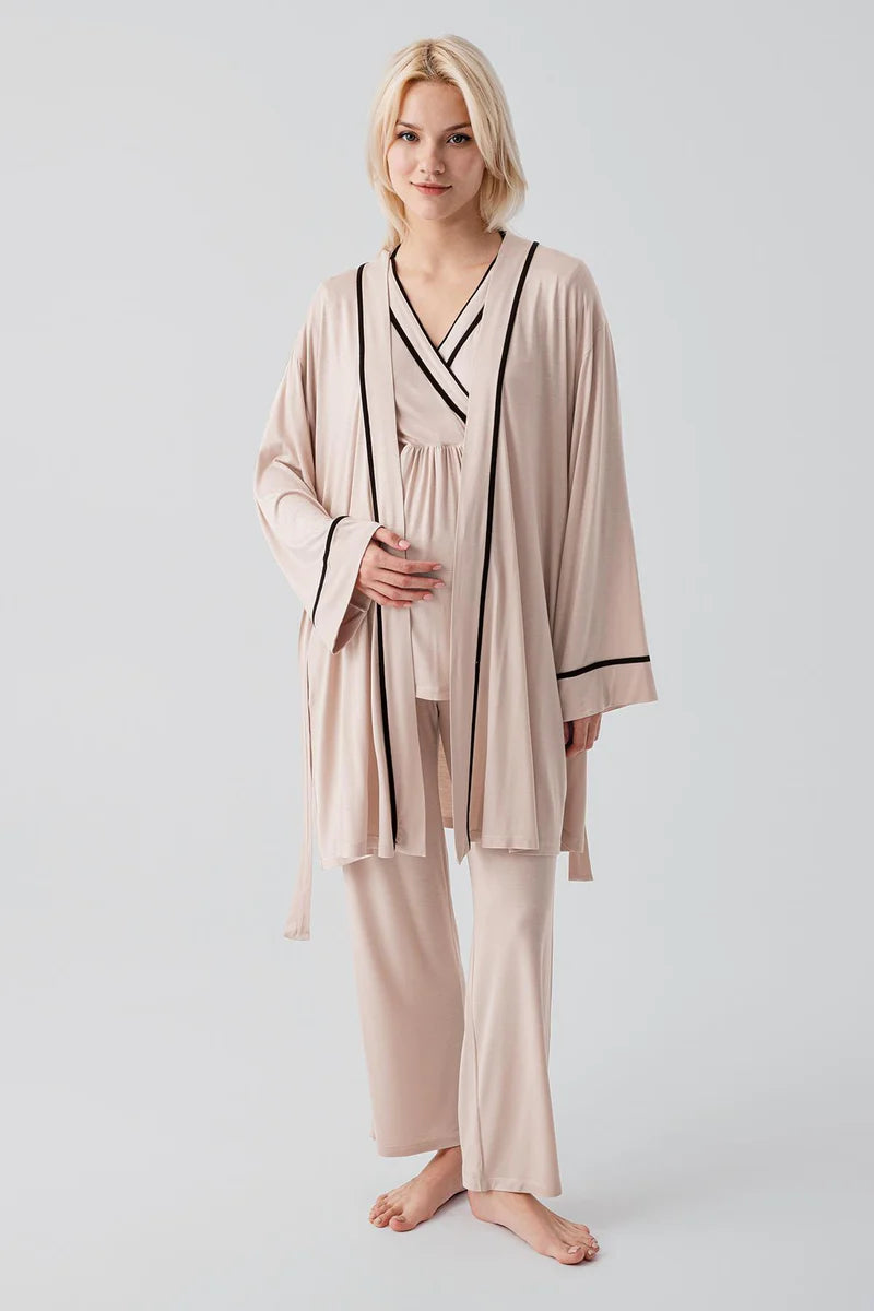 Piped Wrap 3-Piece Maternity-Nursing Pajama & Robe Set Beige - 19317