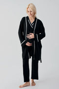 Piped Wrap 3-Piece Maternity-Nursing Pajama & Robe Set Black - 19317