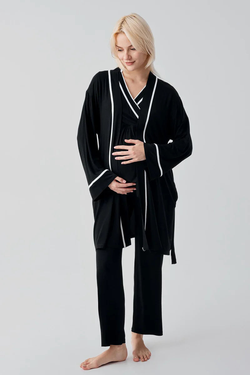 Piped Wrap 3-Piece Maternity-Nursing Pajama & Robe Set Black - 19317