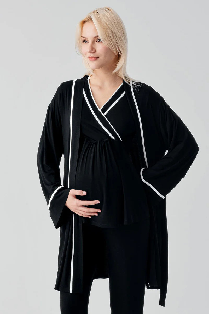 Piped Wrap 3-Piece Maternity-Nursing Pajama & Robe Set Black - 19317