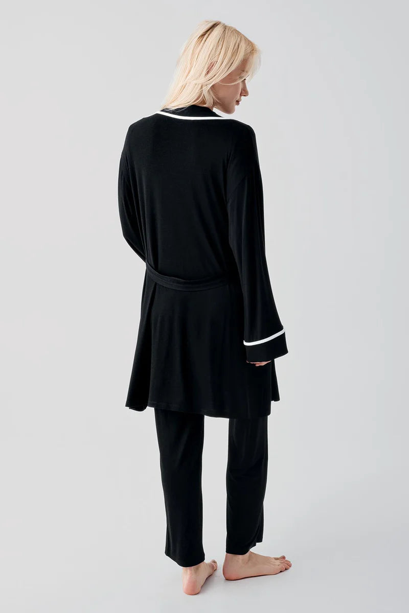 Piped Wrap 3-Piece Maternity-Nursing Pajama & Robe Set Black - 19317