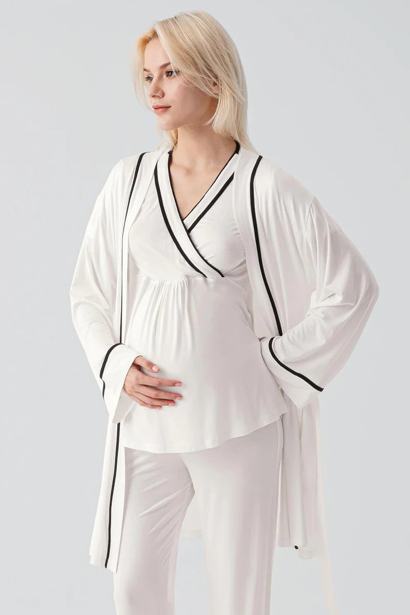 Piped Wrap 3-Piece Maternity-Nursing Pajama & Robe Set Ecru - 19317