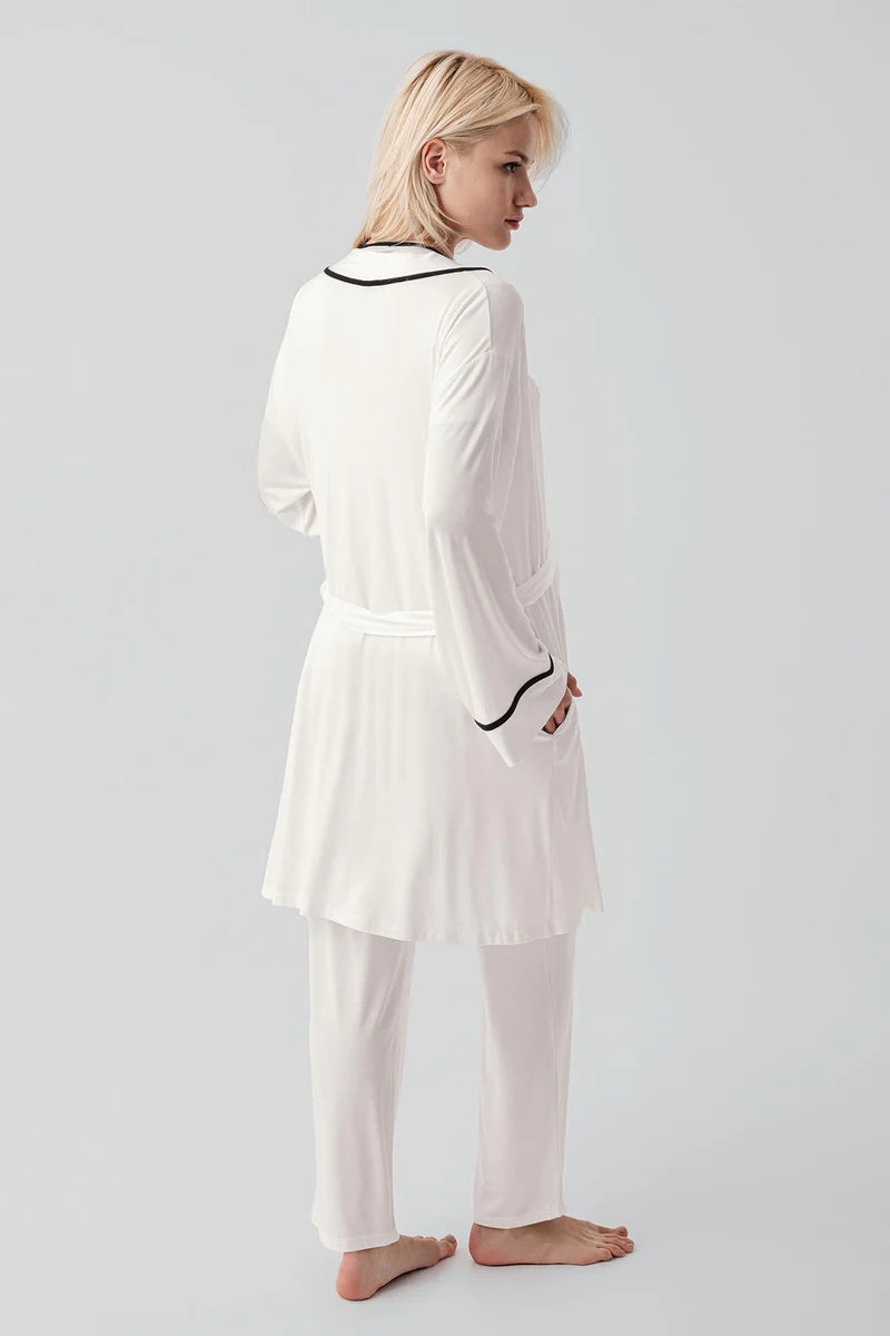 Piped Wrap 3-Piece Maternity-Nursing Pajama & Robe Set Ecru - 19317