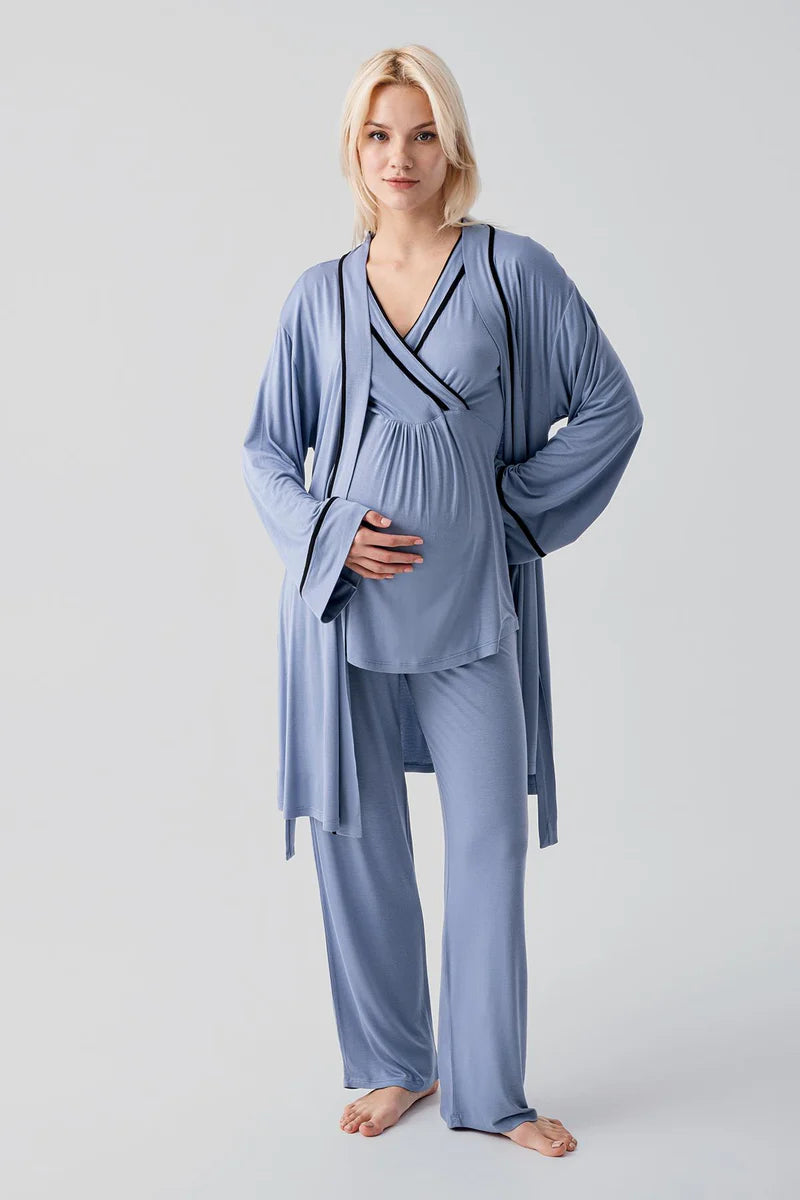 Piped Wrap 3-Piece Maternity-Nursing Pajama & Robe Set Indigo - 19317