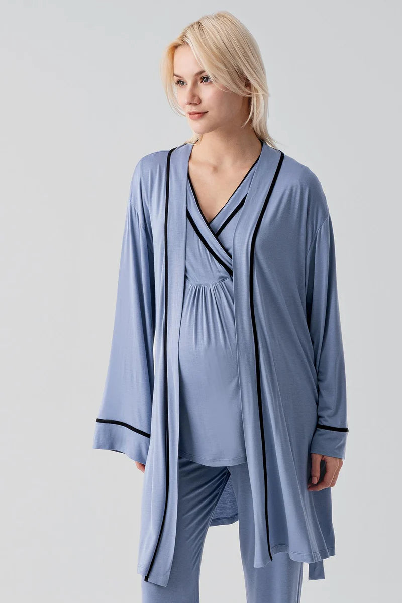 Piped Wrap 3-Piece Maternity-Nursing Pajama & Robe Set Indigo - 19317