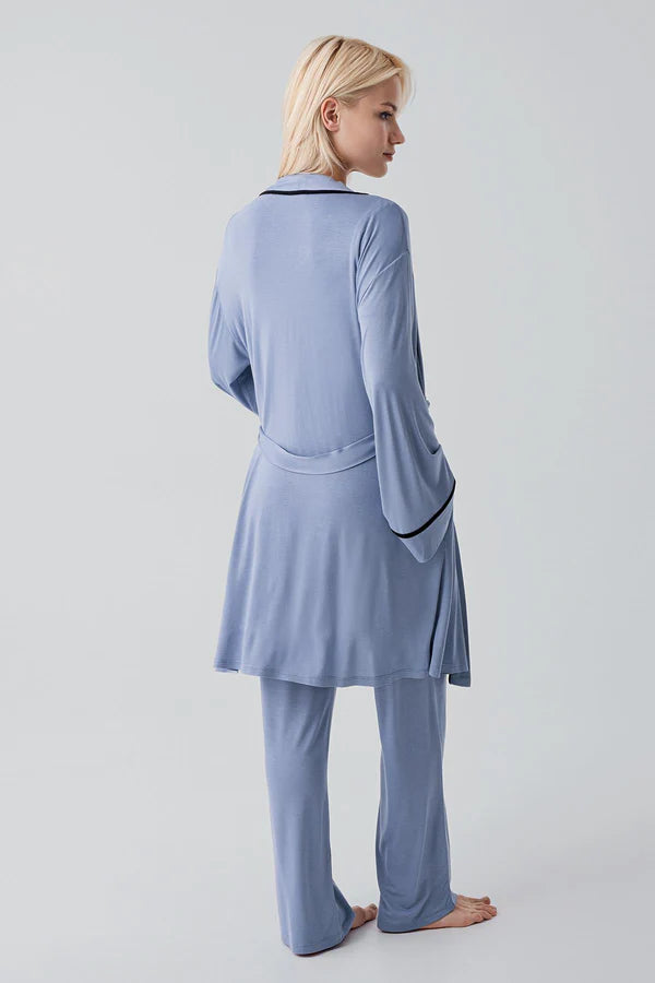 Piped Wrap 3-Piece Maternity-Nursing Pajama & Robe Set Indigo - 19317
