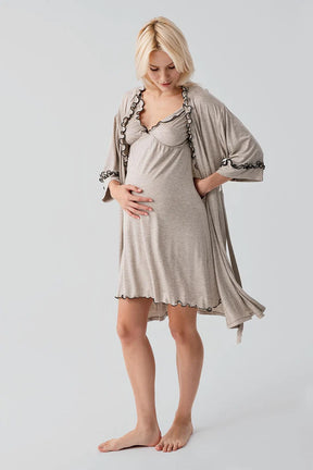 Pleated Piped Strappy Maternity-Nursing Nightgown & Robe Set Beige - 19400