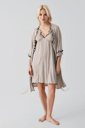 Pleated Piped Strappy Maternity-Nursing Nightgown & Robe Set Beige - 19400