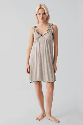 Pleated Piped Strappy Maternity-Nursing Nightgown & Robe Set Beige - 19400
