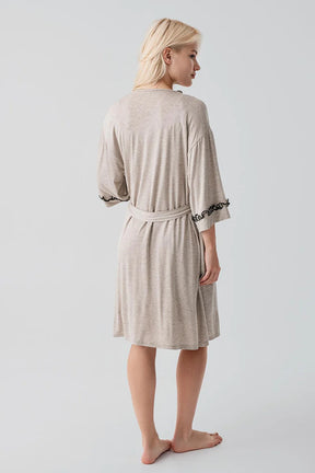 Pleated Piped Strappy Maternity-Nursing Nightgown & Robe Set Beige - 19400