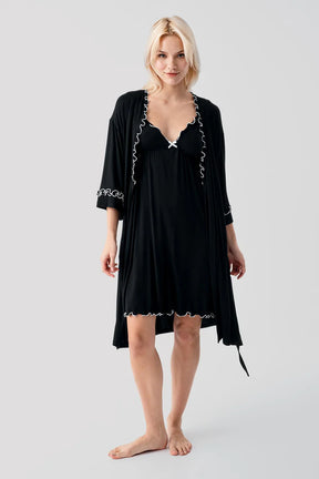 Pleated Piped Strappy Maternity-Nursing Nightgown & Robe Set Black - 19400