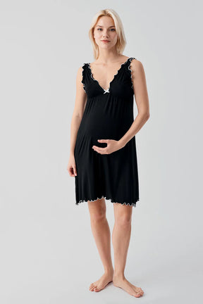 Pleated Piped Strappy Maternity-Nursing Nightgown & Robe Set Black - 19400