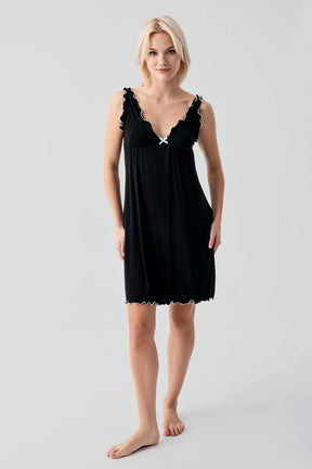 Pleated Piped Strappy Maternity-Nursing Nightgown & Robe Set Black - 19400