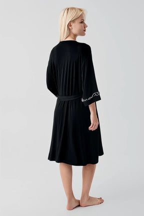 Pleated Piped Strappy Maternity-Nursing Nightgown & Robe Set Black - 19400