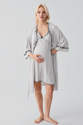 Pleated Piped Strappy Maternity-Nursing Nightgown & Robe Set Grey - 19400
