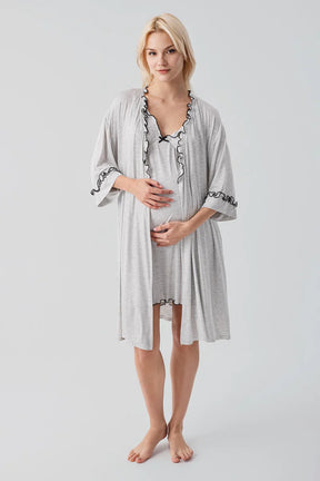 Pleated Piped Strappy Maternity-Nursing Nightgown & Robe Set Grey - 19400