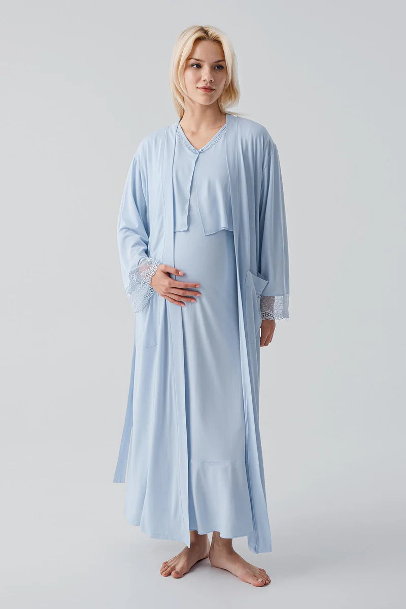 Lace Sleeve Maternity-Nursing Nightgown & Lace Back Robe Set Blue - 19401