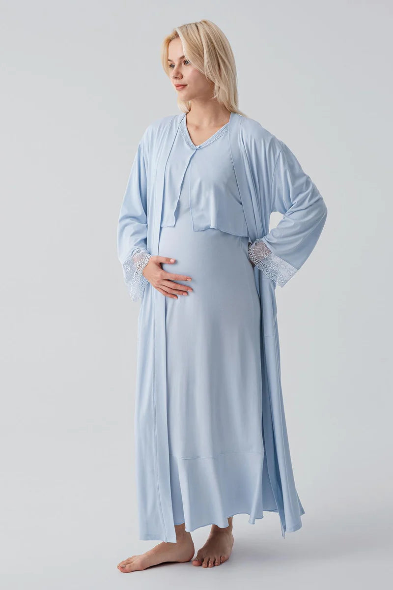 Lace Sleeve Maternity-Nursing Nightgown & Lace Back Robe Set Blue - 19401