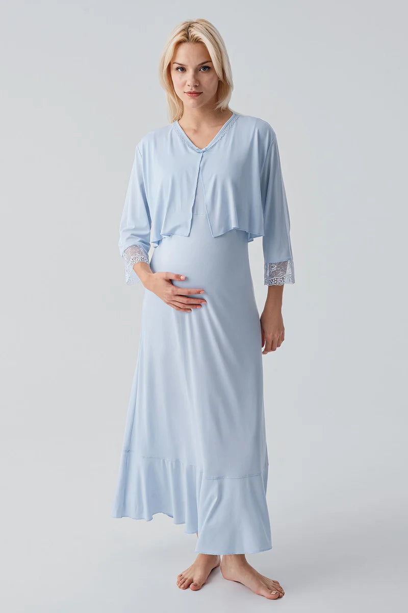 Lace Sleeve Maternity-Nursing Nightgown & Lace Back Robe Set Blue - 19401