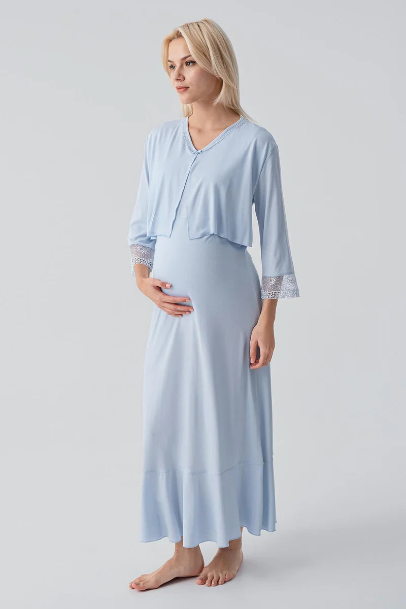 Lace Sleeve Maternity-Nursing Nightgown & Lace Back Robe Set Blue - 19401