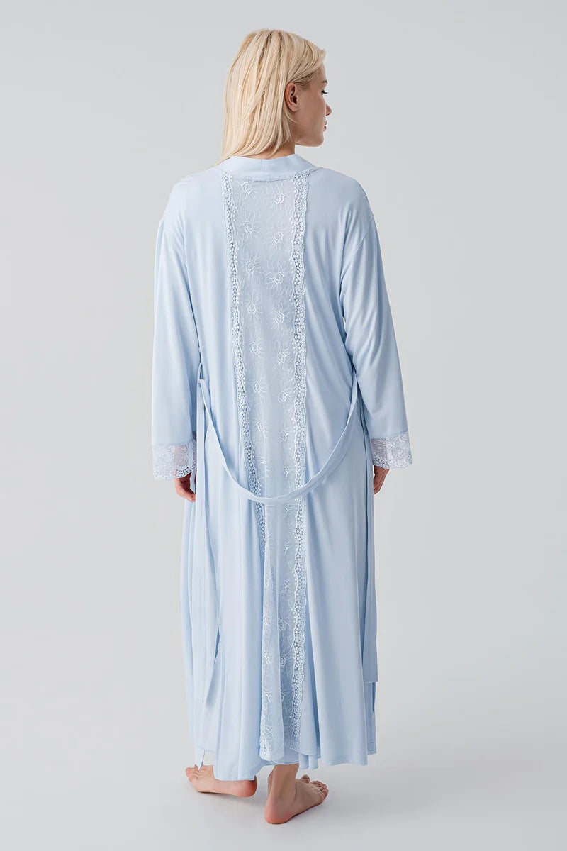 Lace Sleeve Maternity-Nursing Nightgown & Lace Back Robe Set Blue - 19401