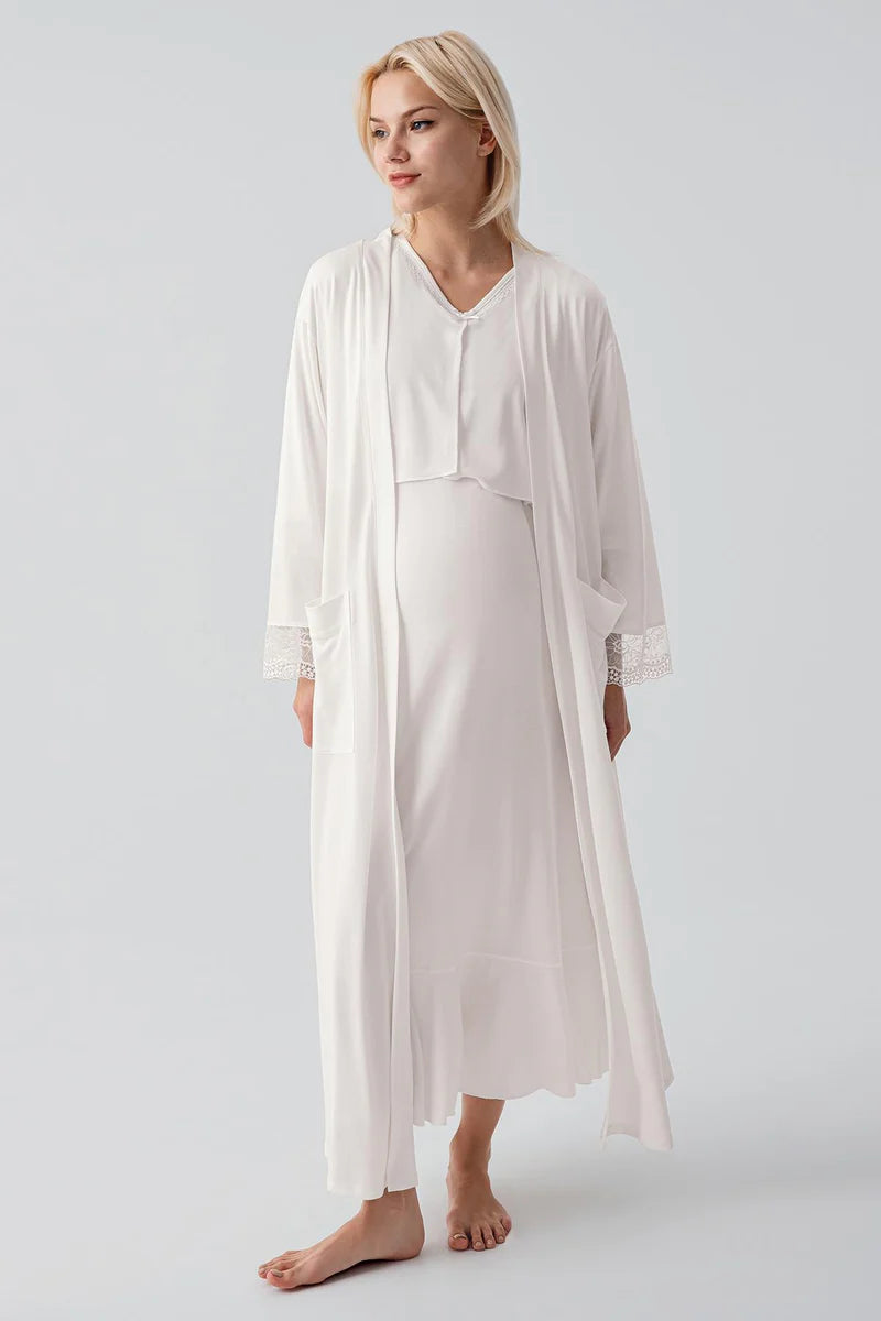 Lace Sleeve Maternity-Nursing Nightgown & Lace Back Robe Set Ecru - 19401