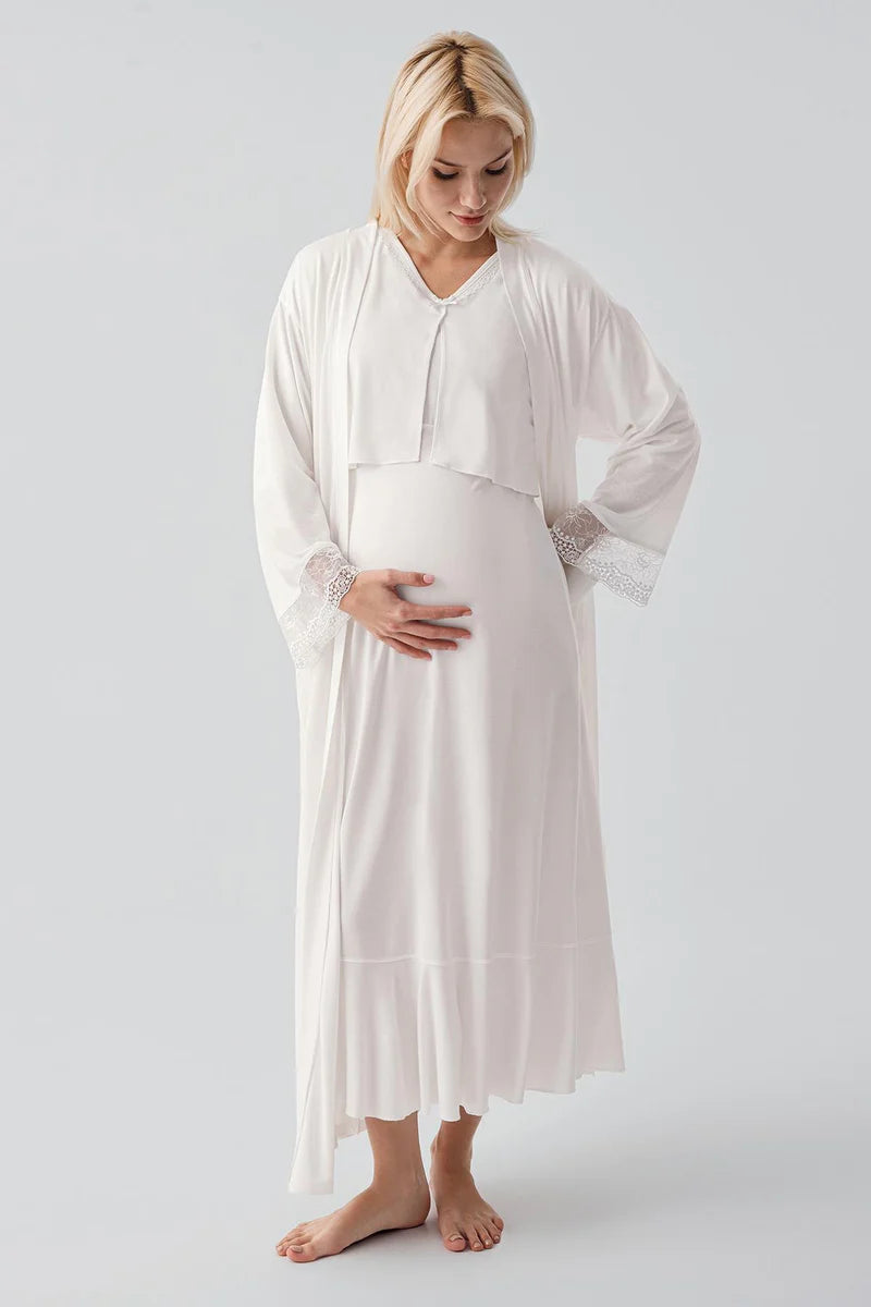 Lace Sleeve Maternity-Nursing Nightgown & Lace Back Robe Set Ecru - 19401